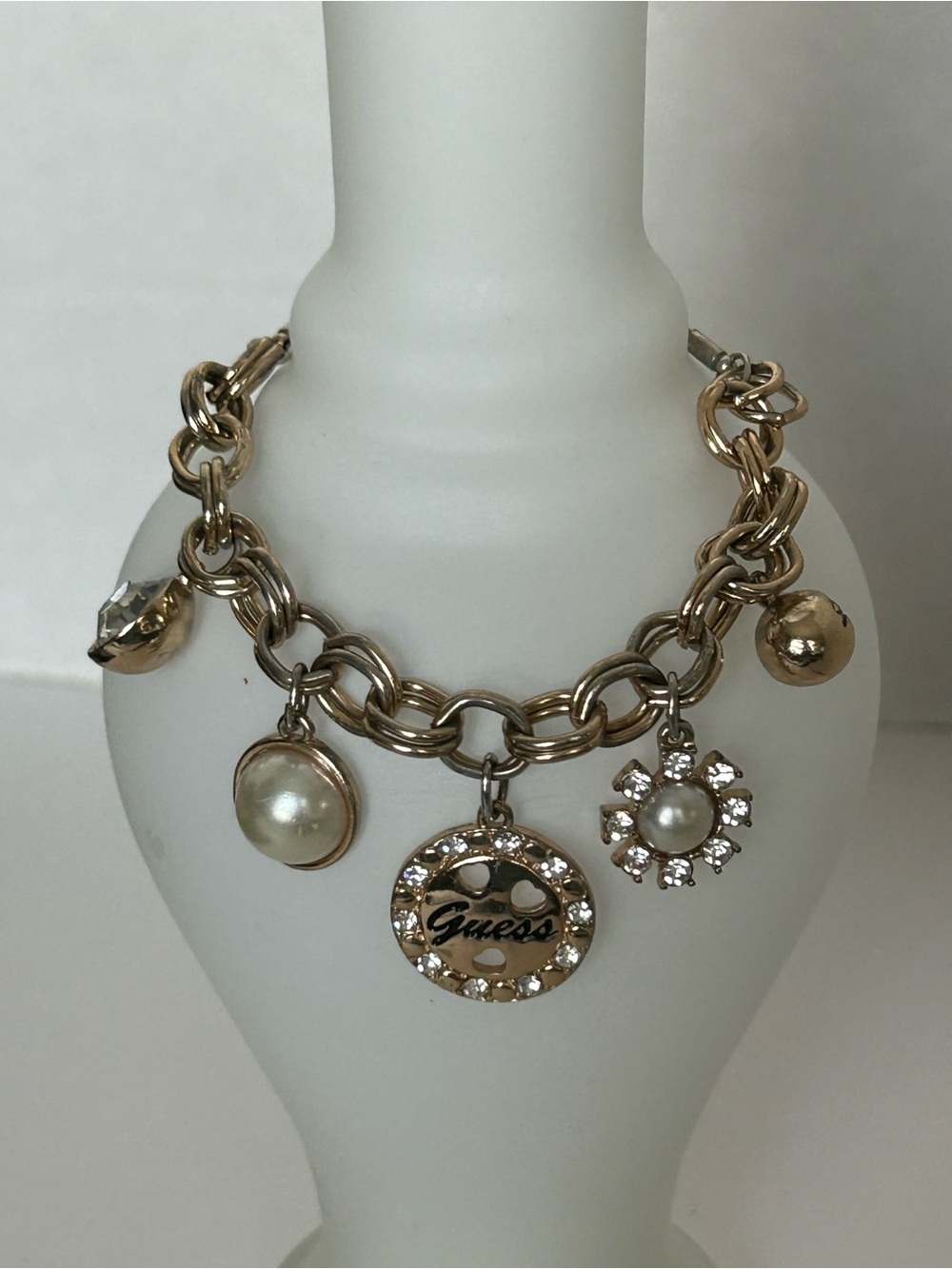Guess Gold-Tone Charm Necklace with Pearls and Crystal Accents(6)